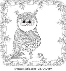 Coloring book for adult and older children. Coloring page with cute owl and floral frame. Outline drawing in zentangle style