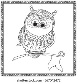 Coloring book for adult and older children. Coloring page with cute owl. Outline drawing in zentangle style