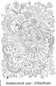 Coloring book for adult and older children. Coloring page with flowers and decorative elements