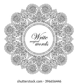 Coloring book for adult and older children. Coloring page with mandala  and space for text. Outline hand drawn. Vector illustration.