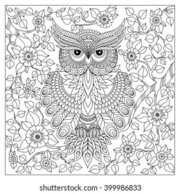Coloring book for adult and older children. Coloring page with cute owl and floral frame. Outline drawing in zentangle style