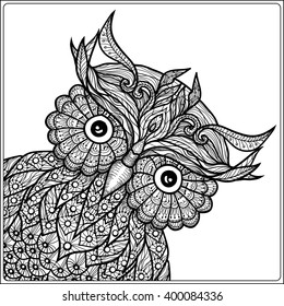 Coloring book for adult and older children. Coloring page with cute owl. Outline drawing in zentangle style