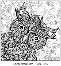 Coloring book for adult and older children. Coloring page with cute owl on floral background. Outline drawing in zentangle style