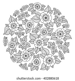 Coloring book for adult and older children. Coloring page with vintage flowers pattern