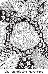 Coloring book for adult and older children. Coloring page with flowers for your hobby, have a good time and relax. Black and white coloring page. Vector illustration. Floral background