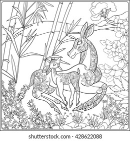 Coloring book for adult and older children. Coloring page with lovely mother deer and her small fawn in the garden.