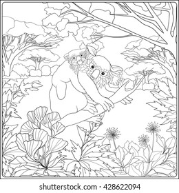 Coloring book for adult and older children. Coloring page with lovely mother koala and her cub in the garden.