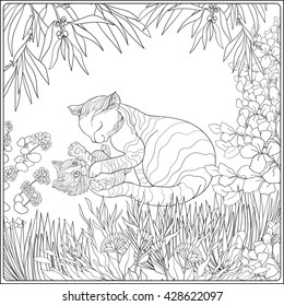 Coloring book for adult and older children. Coloring page with lovely mother cat and her small kittern in the garden.