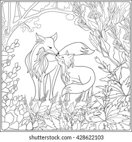 Coloring book for adult and older children. Coloring page with lovely mother fox and her little fox in the garden.