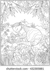 Coloring book for adult and older children. Coloring page with lovely mother cat and her small kittern in the garden.