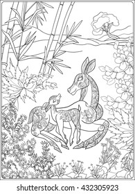 Coloring book for adult and older children. Coloring page with lovely mother deer and her small fawn in the garden.