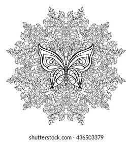 Coloring book for adult and older children. Coloring page with mandala made of decorative vintage flowers and decorative butterflies. Outline hand drawn. Vector illustration.