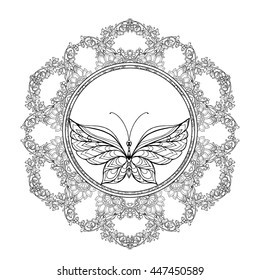 Coloring book for adult and older children. Coloring page with mandala made of decorative vintage flowers and decorative butterflies. Outline hand drawn. Vector illustration.

