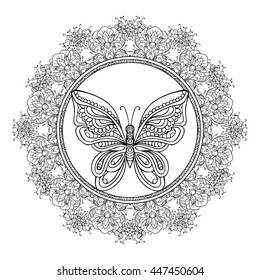 Coloring book for adult and older children. Coloring page with mandala made of decorative vintage flowers and decorative butterflies. Outline hand drawn. Vector illustration.

