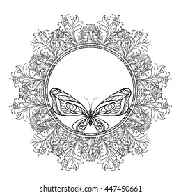 Coloring book for adult and older children. Coloring page with mandala made of decorative vintage flowers and decorative butterflies. Outline hand drawn. Vector illustration.

