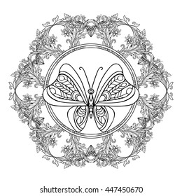 Coloring book for adult and older children. Coloring page with mandala made of decorative vintage flowers and decorative butterflies. Outline hand drawn. Vector illustration.

