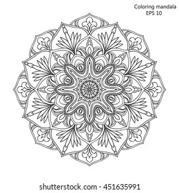 Coloring book for adult and older children. Coloring page with mandala made of decorative vintage flowers and decorative butterflies. Outline hand drawn. Vector illustration.