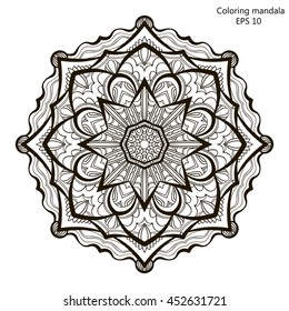 Coloring book for adult and older children. Coloring page with mandala made of decorative vintage flowers and decorative butterflies. Outline hand drawn. Vector illustration.