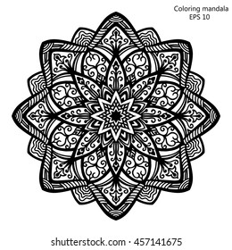 Coloring book for adult and older children. Coloring page with mandala made of decorative vintage flowers and decorative butterflies. Outline hand drawn. Vector illustration.