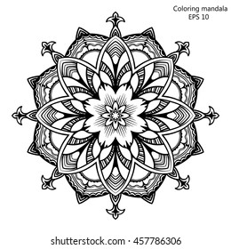 Coloring book for adult and older children. Coloring page with mandala made of decorative vintage flowers and decorative butterflies. Outline hand drawn. Vector illustration.