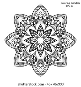 Coloring book for adult and older children. Coloring page with mandala made of decorative vintage flowers and decorative butterflies. Outline hand drawn. Vector illustration.