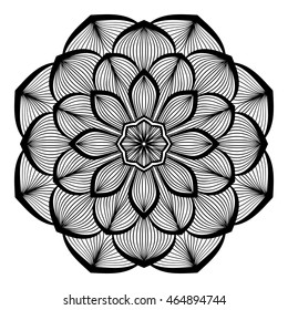 Coloring book for adult and older children. Coloring page with mandala made of decorative vintage flowers and decorative butterflies. Outline hand drawn. Vector illustration.