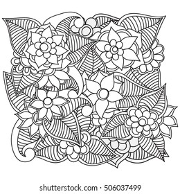Coloring book for adult and older children. Coloring page with vintage flowers pattern