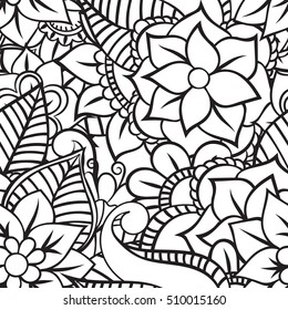 Coloring book for adult and older children. Coloring page with vintage flowers seamless pattern