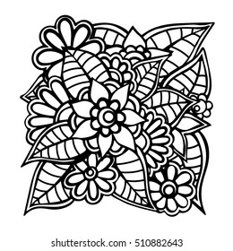 Coloring book for adult and older children. Coloring page with vintage flowers pattern