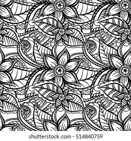 Coloring book for adult and older children. Coloring page with vintage flowers pattern