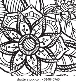 Coloring book for adult and older children. Coloring page with vintage flowers pattern