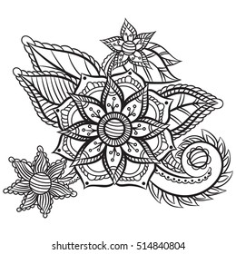 Coloring book for adult and older children. Coloring page with vintage flowers pattern
