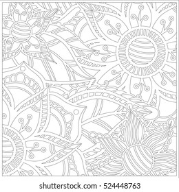 Coloring book for adult and older children. Coloring page with vintage flowers pattern