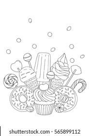 Coloring book for adult and older children. Printable hand drawn  page with sweets. Set with cupcake, donuts, ice creams, lollypops. Isolated on white background.