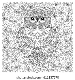 Coloring book for adult and older children. Coloring page with cute owl. Outline drawing in zentangle style
