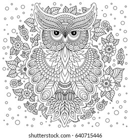 Coloring book for adult and older children. Coloring page with cute owl and floral frame. Outline drawing in zentangle style