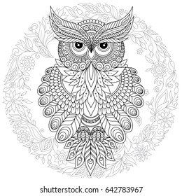Coloring book for adult and older children. Coloring page with cute owl and floral frame. Outline drawing in zentangle style