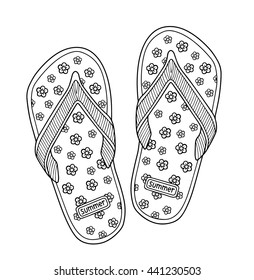 Coloring book for adult. Sea beach. Slippers, sand and shell. flip flop