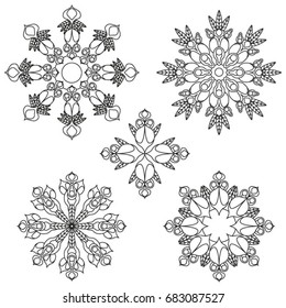 Coloring book for adult. Zentangle flower pattern. Set of geometry shapes. Repeating forms. Fractal outline.