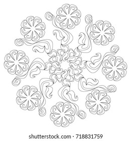 Coloring book for adult. Zentangle flower pattern. Set of geometry shapes. Repeating forms. Fractal outline. Twisted curls and petals. Magic circles.