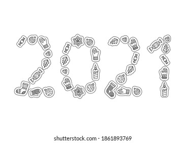 Coloring book for adulta and older children. Cute doodle 2021 numbers. Black and white Hand drawn vector illustration. Design for seasonal holidays, Christmas and happy new year
