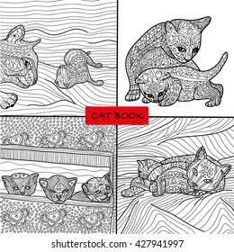 Coloring book for adults - 3 set of four drawings coloring cat pages for adults and children, doodle, coloring book, coloring pages, coloring outline, line art coloring  