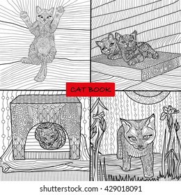Coloring book for adults - 4 set of four drawings coloring cat pages for adults and children, vector, cat book, zenart