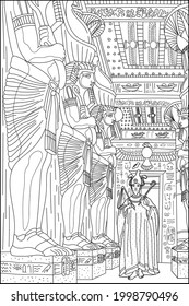 Coloring book for adults. Ancient Egypt. Pharaoh walks into the tomb. Statues and mummies. Vector black and white image.