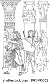 Coloring book for adults. Ancient Egypt. Pharaoh and his servants, soldiers. Ancient world. Black and white vector illustration.