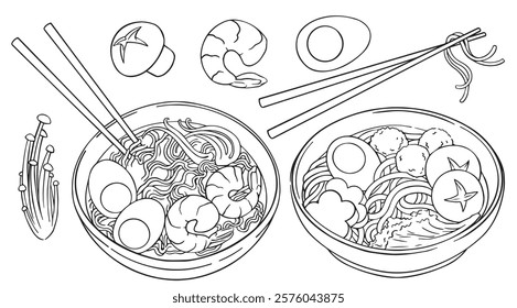 coloring book for adults. Asian cuisine, bowls with noodles and ramen ingredients. vector illustration in doodle style, line drawing