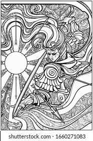 Coloring book for adults, a Beautiful girl elf warrior with a long sword, in beautiful armor, long hair and with the sun behind her radiating arrows in all directions. 2D illustration.