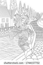 Coloring book for adults with beautiful girl dancing in the cute european village with small houses, a bridge and a river