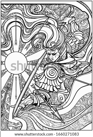 Coloring book for adults, a Beautiful girl elf warrior with a long sword, in beautiful armor, long hair and with the sun behind her radiating arrows in all directions. 2D illustration.