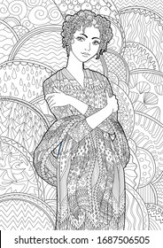 Coloring book for adults with beautiful lady in the empire style